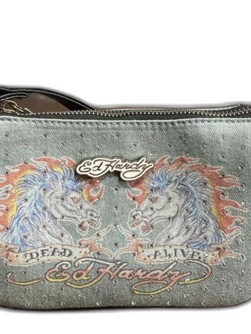 Ed Hardy Washed Blue Denim Shoulder Cosmetic Bag with Horse Graphic